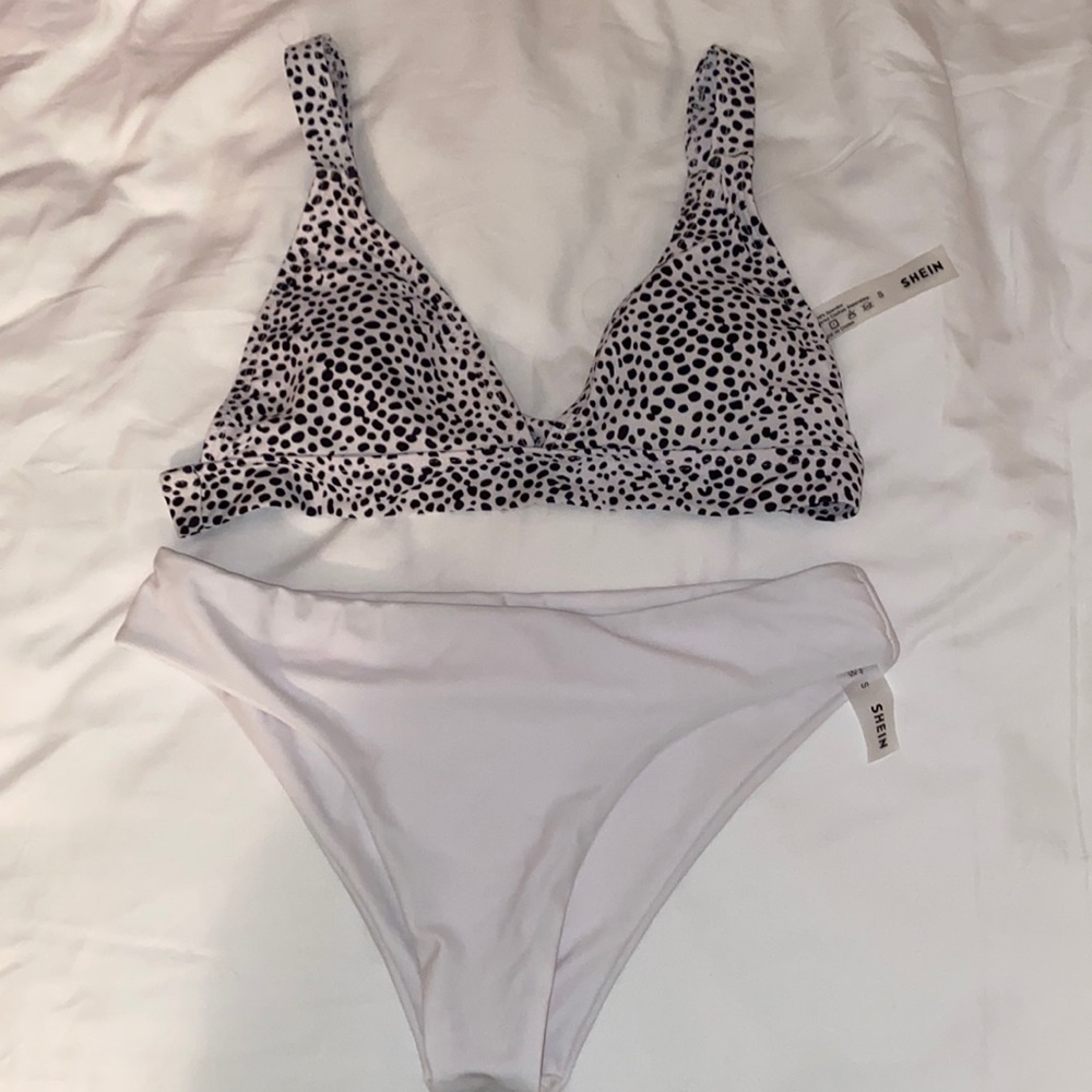 White and black polka dot bikini set size small